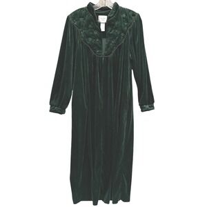 Vintage Jasmine Rose Velvet Nightgown Robe Full Length 1/2 zip Green Embroidered